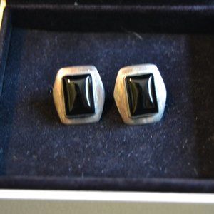 Vintage Sterling Silver Black Onyx Post Stud Earrings - 3/4in